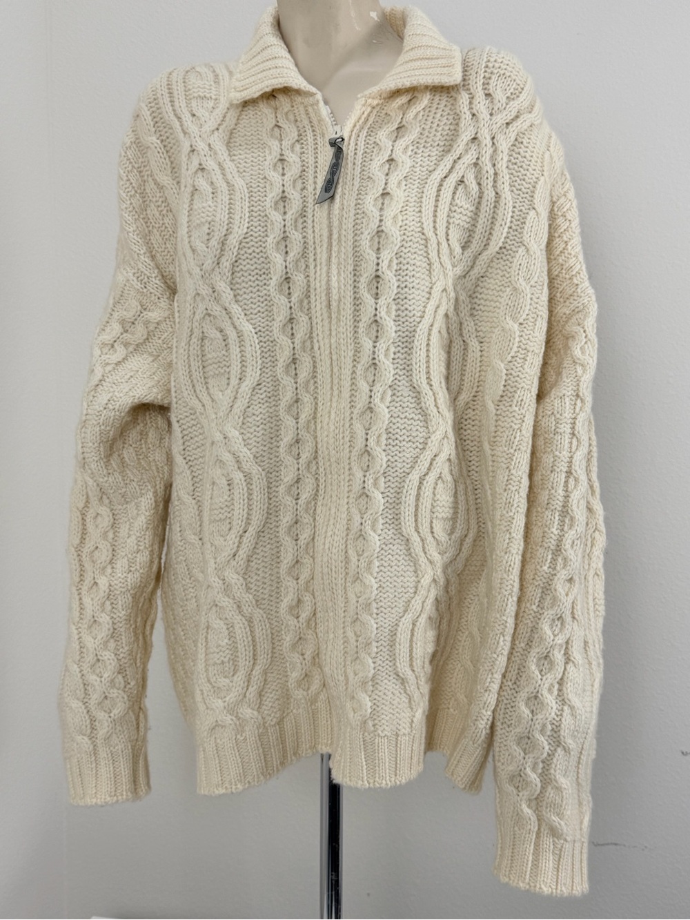 Aran Crafts Ireland Merino Wool Cable Knit Zip Cardigan Sweater Women’s L Cream